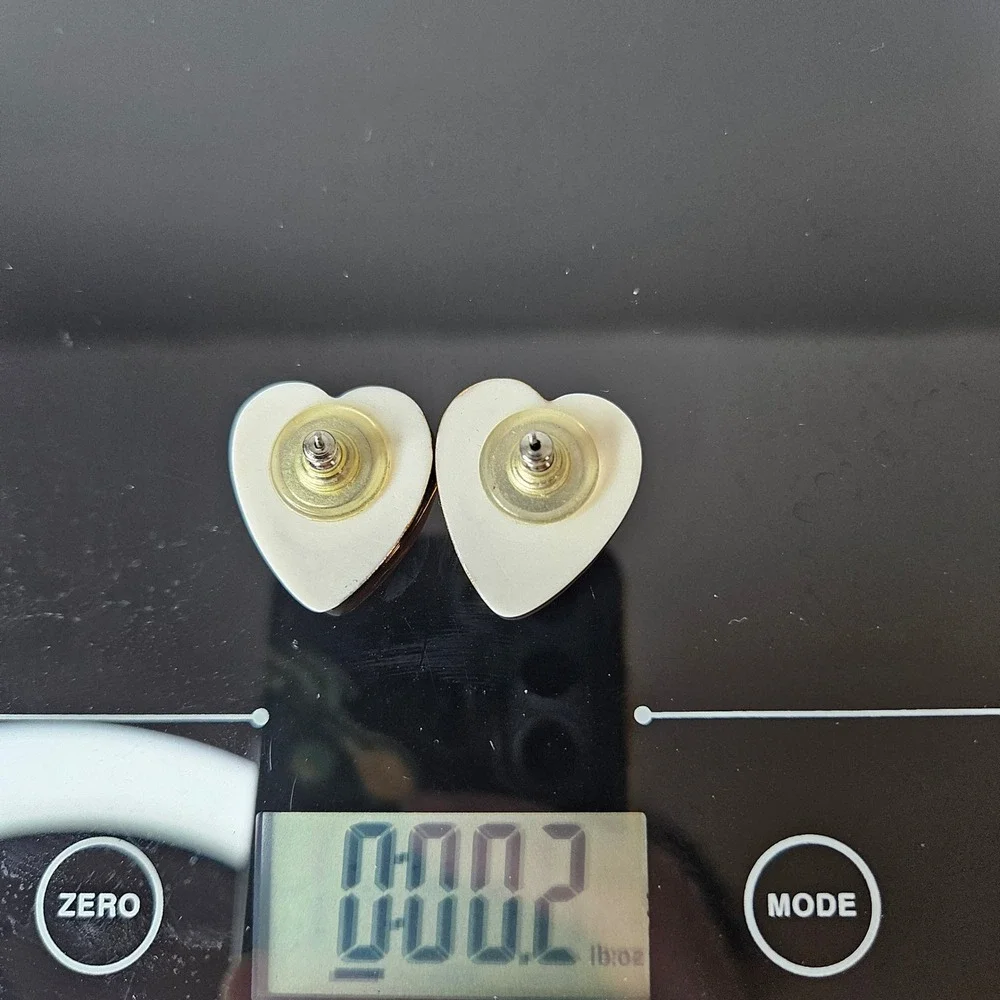 Vtg Heart Shape Porcelain Floral Stud Earrings White Pink Gold Tone‎ Romantic
